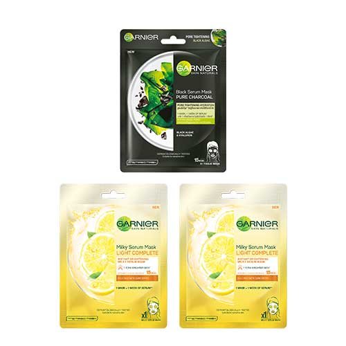 Garnier Sheet Mask Combo Pack of 3 - 2 Light Complete + 1 Charcoal